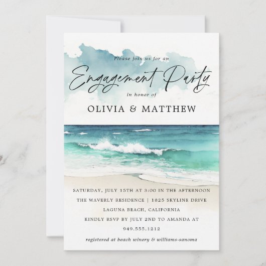 Moderne Watercolor Script Beach Engagement Party Einladung (Vorderseite)
