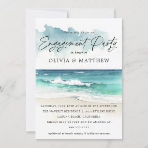 Moderne Watercolor Script Beach Engagement Party Einladung
