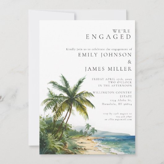 Moderne Watercolor Tropical Beach Engagement Party Einladung (Vorderseite)