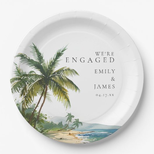 Moderne Watercolor Tropical Beach Engagement Party Pappteller (Vorderseite)