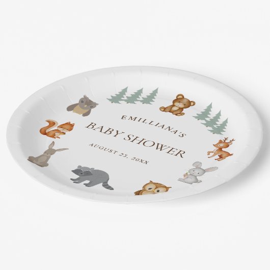 Moderne Watercolor Woodland Animals Kinderdusche Pappteller (Schrägansicht)