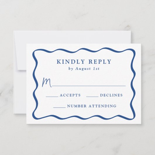 Moderne Wavy Blue Frame Wedding RSVP Karte (Vorderseite)
