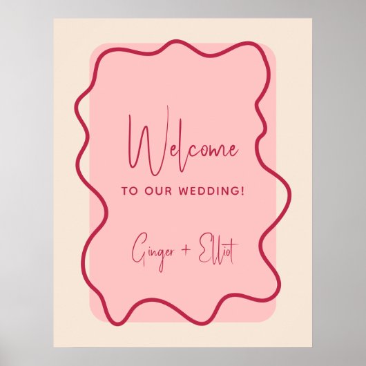 Moderne Wavy Frame Magenta Rosa Hochzeit Willkomme Poster (Vorne)