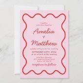 Moderne Wavy Pink und Red Retro Squiggle Wedding Einladung (Vorderseite)