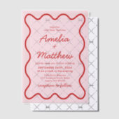 Moderne Wavy Pink und Red Retro Squiggle Wedding Pergament Einladungen (Versetzt (Einladung))