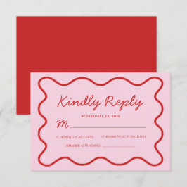 Moderne Wavy Pink und Red Retro Squiggle Wedding RSVP Karte