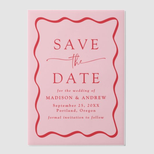 Moderne Wavy Red Frame Wedding speichern das Datum Pergament Einladungen (Vorderseite)