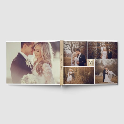Moderne Wedding Monogram Gold 4 Foto Collage Gästebuch (Voll)