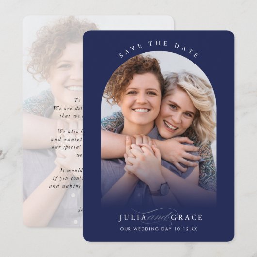 MODERNE WEDDING-Pärchen-Foto-Kalligrafie-Marine Einladung (Vorne/Hinten)