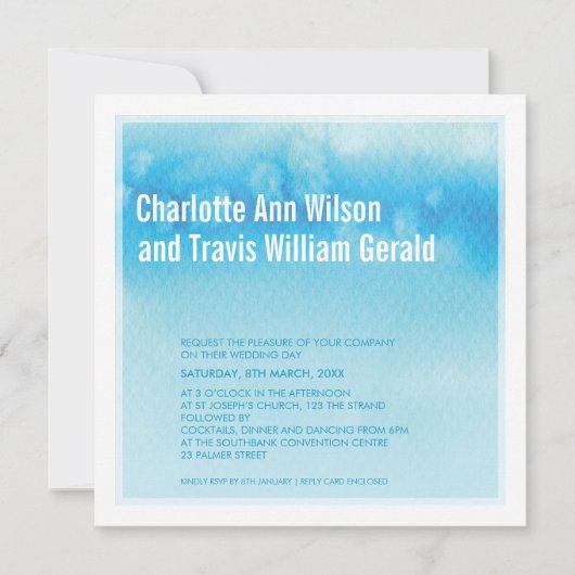 MODERNE WEDEREINLADUNG: Ober wasserblau Einladung (Vorderseite)