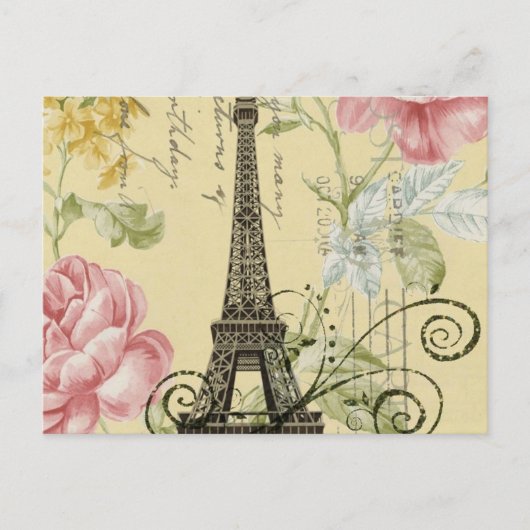 Moderne weibliche florale Vintage Paris Eiffelturm Postkarte (Vorderseite)