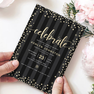 Moderne, weibliche schwarze Gold Glitter Schrift A Einladung