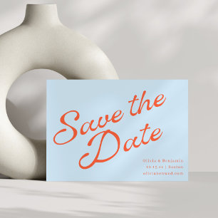 Moderne weiche blaue orange Retro-Schrift Hochzeit Save The Date