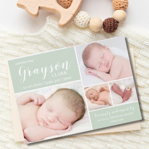 Moderne weiche grüne Foto Collage Baby Boy Birth Ankündigung