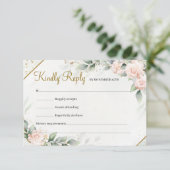 Moderne, weiche, rosa, florale Boho Greenery Gold RSVP Karte (Stehend Vorderseite)