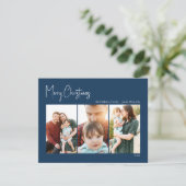 Moderne Weihnachten | Blue Drei-Foto-Ferienkarte (Stehend Vorderseite)