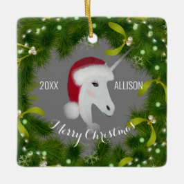 Moderne Weihnachten Einhorn Niedliches Grünes Krau Keramikornament