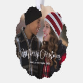 Moderne Weihnachten Elegantes White Script Foto Ge Ornament Karte (Links)