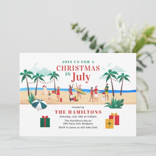 Moderne Weihnachten im Juli Party Spaß Einladung (Stehend Vorderseite)