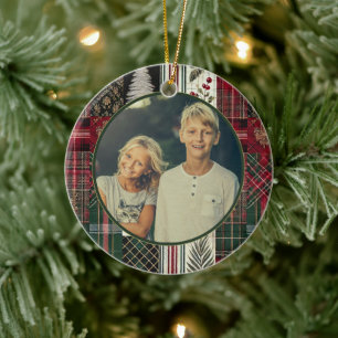 Moderne Weihnachten Rustikales Kariertes Foto Keramik Ornament