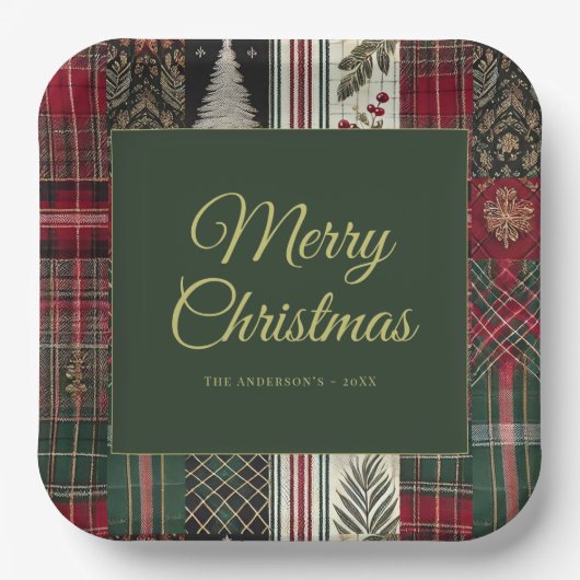 Moderne Weihnachten Rustikales Kariertes Muster Pappteller (Vorderseite)