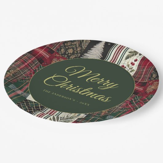 Moderne Weihnachten Rustikales Kariertes Muster Pappteller (Schrägansicht)