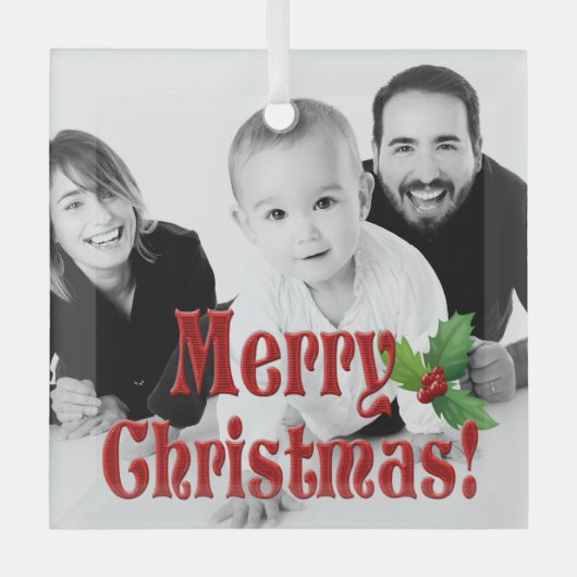 Moderne Weihnachten und Holly Custom Foto Ornament Aus Glas (Vorderseite)