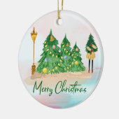 Moderne Weihnachten Wasserfarbene Grüne Bäume Keramik Ornament (Links)