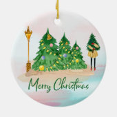 Moderne Weihnachten Wasserfarbene Grüne Bäume Keramik Ornament (Hinten)