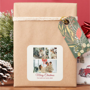 Moderne Weihnachts-Familien-Collage mit drei Fotos Quadratischer Aufkleber