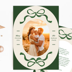 Moderne Weihnachts-Schleife und Bogen Grüne Oval-F Feiertagskarte