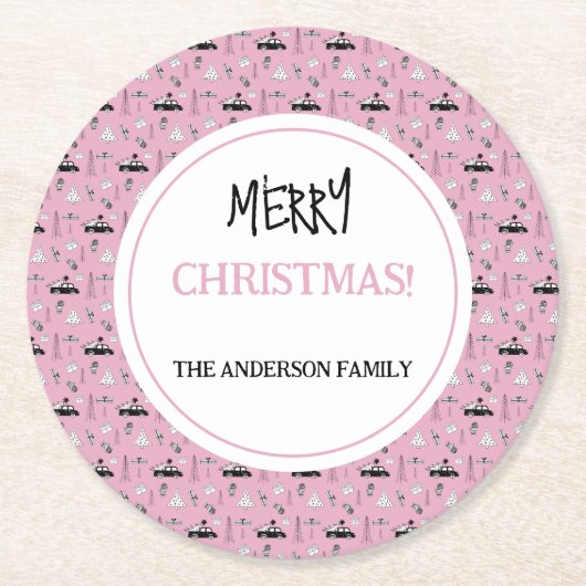 Moderne Weihnachts Schwarz-Weiß-Muster auf Rosa Runder Pappuntersetzer (Vorderseite)