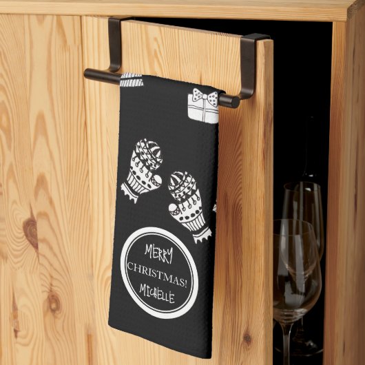 Moderne Weihnachts Schwarz/Weiß Personalisiert Geschirrtuch (Drittel gefaltet)
