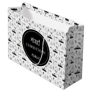 Moderne Weihnachts Schwarz/Weiß Personalisiert Große Geschenktüte
