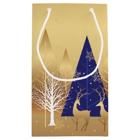 Moderne Weihnachts Winter Hirsche Szene Gold Blue Kleine Geschenktüte (Rückseite)