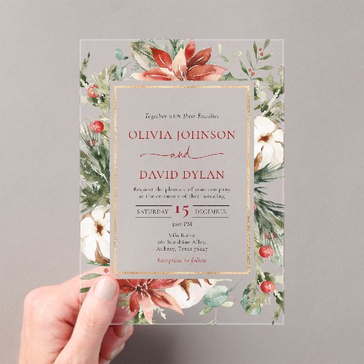 Moderne Weihnachts Winter Rote Gold Grünen Hochzei Acryleinladungen (Insitu (Handheld))