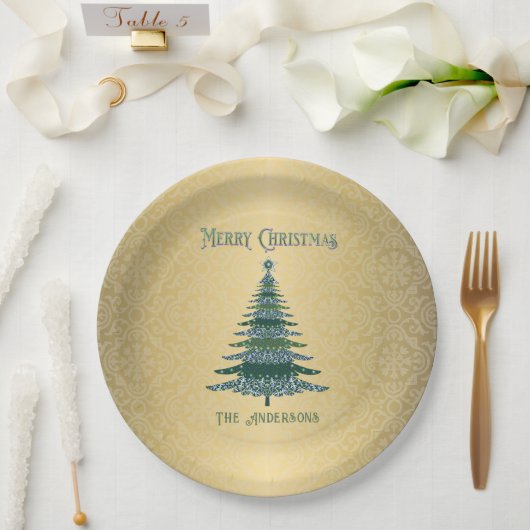 Moderne Weihnachtsbaum Green Gold Name Ornamente Pappteller (Hochzeit)