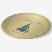 Moderne Weihnachtsbaum Green Gold Name Ornamente Pappteller (Schrägansicht)