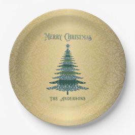 Moderne Weihnachtsbaum Green Gold Name Ornamente Pappteller