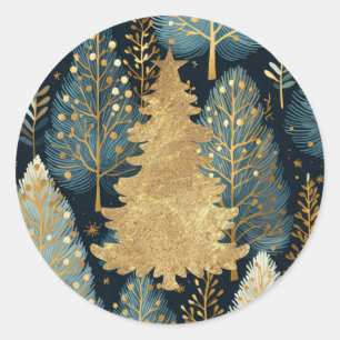 Moderne Weihnachtsbaum-Holzlandschaft mit Goldfoli Runder Aufkleber
