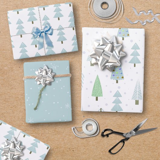 Moderne Weihnachtsbäume Blue Green Pattern Trio Geschenkpapier Set