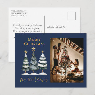 Moderne Weihnachtsbäume Familie Foto Navy Blue Feiertagspostkarte