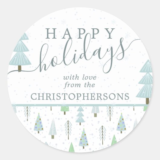 Moderne Weihnachtsbäume glückliche Ferien Script B Runder Aufkleber (Vorderseite)