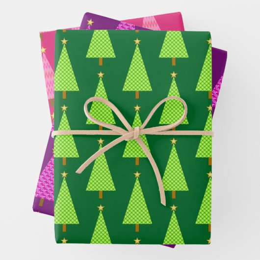 Moderne Weihnachtsbäume, grün, Lila, rosa Wrappi Geschenkpapier Set (Beispiel)