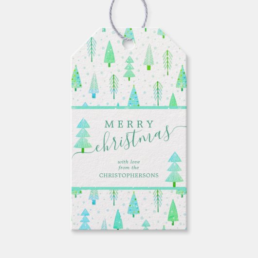 Moderne Weihnachtsbäume MERRY CHRISTMAS Skript Geschenkanhänger (Vorderseite)