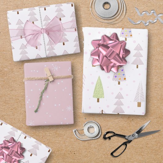 Moderne Weihnachtsbäume Rosa Muster Trio Geschenkpapier Set
