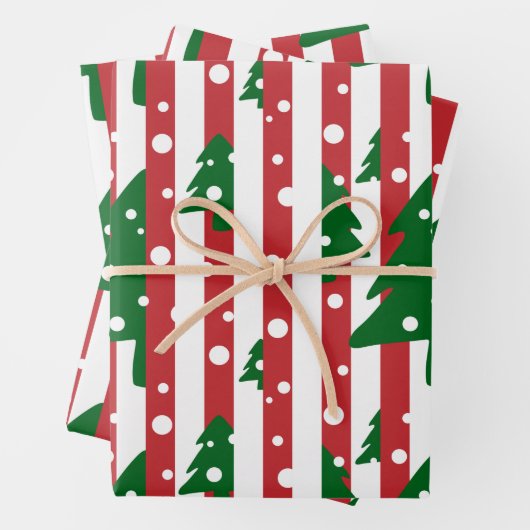 Moderne Weihnachtsbaume Rot-Grüne Streifen Muster Geschenkpapier Set (Beispiel)