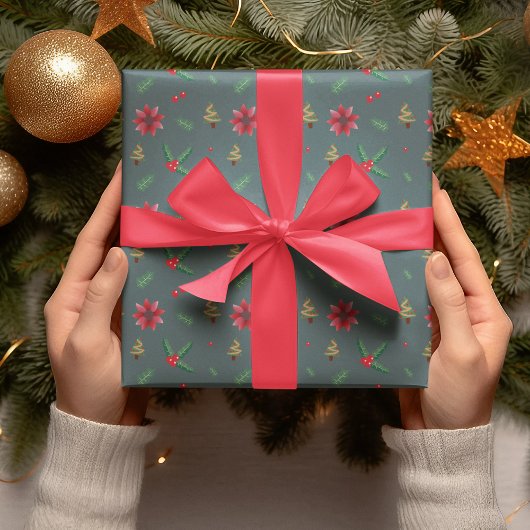 Moderne Weihnachtsbaume & Rote Blume Geschenk Geschenkpapier