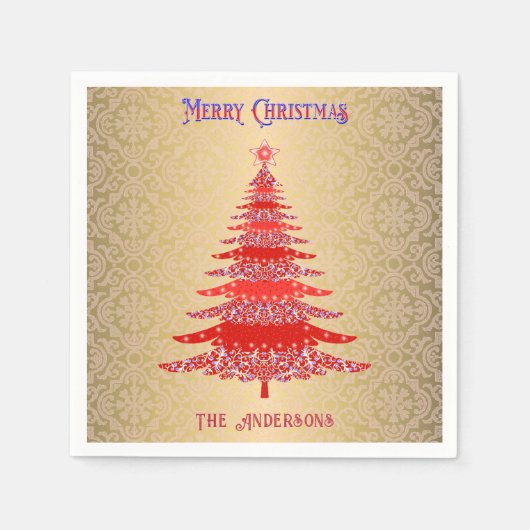 Moderne Weihnachtsbaume Rote Gold Name Ornamente Serviette (Vorderseite)