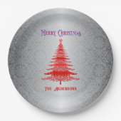 Moderne Weihnachtsbaume Rote Silberschmuck Pappteller (Vorderseite)
